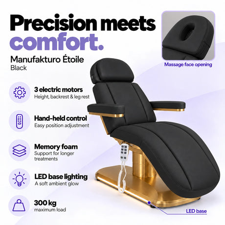 Manufakturo Étoile Black beauty bed with three electric motors, hand-held control, memory foam, LED base lighting, massage face opening and 300 kg maximum load.