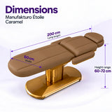 Manufakturo Étoile Caramel beauty bed dimensions on one full product photograph: 200 cm lying length, 60 cm width and adjustable height 60–72 cm.