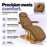 Manufakturo Étoile Caramel beauty bed with three electric motors, hand-held control, memory foam, LED base lighting, massage face opening and 300 kg maximum load.