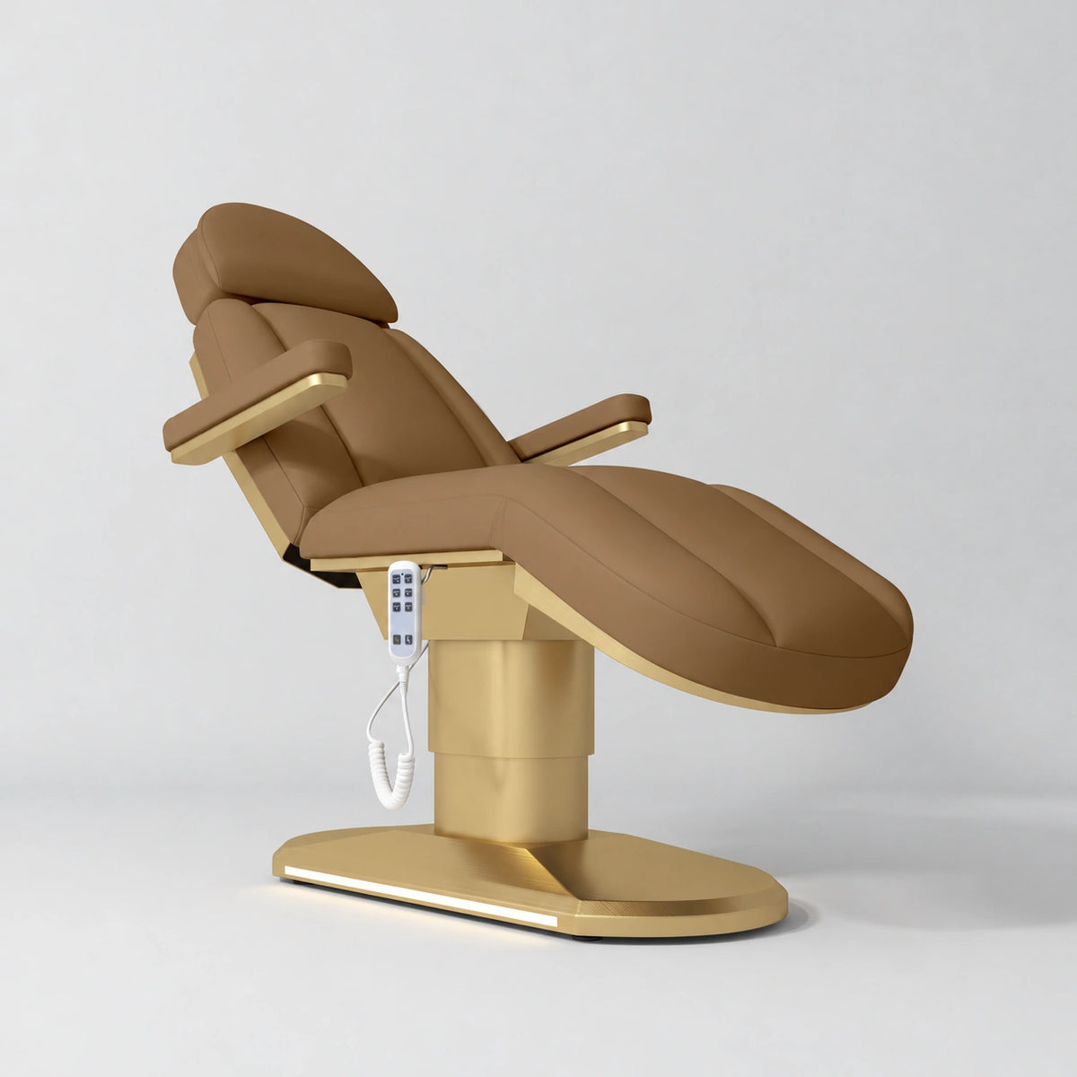 Manufakturo Étoile Caramel electric beauty bed in the original catalogue composition and grey background, with updated eight-button hand-held controller.
