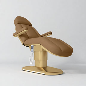 Manufakturo Étoile Caramel electric beauty bed in the original catalogue composition and grey background, with updated eight-button hand-held controller.