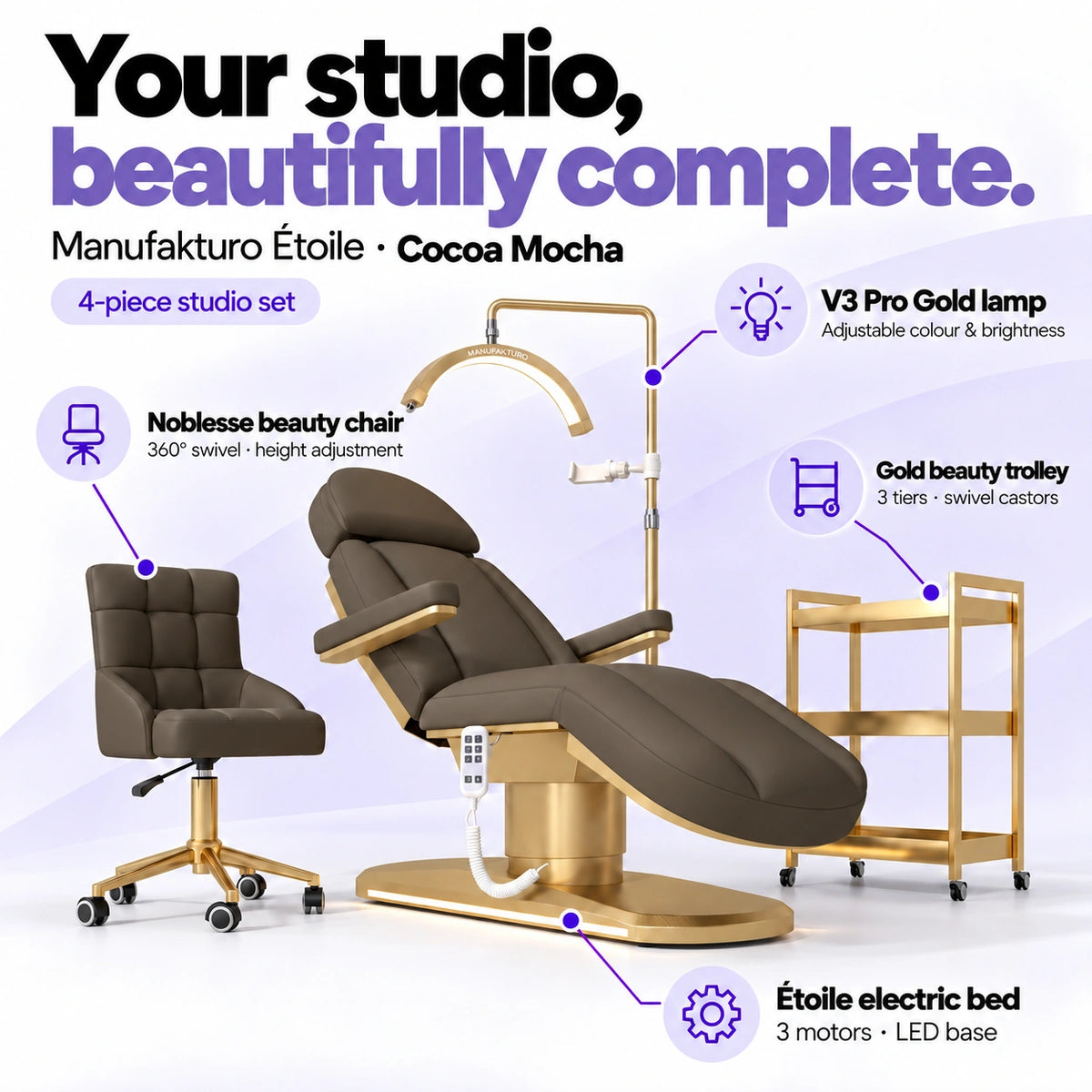 Manufakturo Étoile Cocoa Mocha four-piece complete studio set: electric beauty bed with three motors and LED base, Noblesse swivel beauty chair, V3 Pro Gold adjustable treatment lamp and three-tier gold beauty trolley.