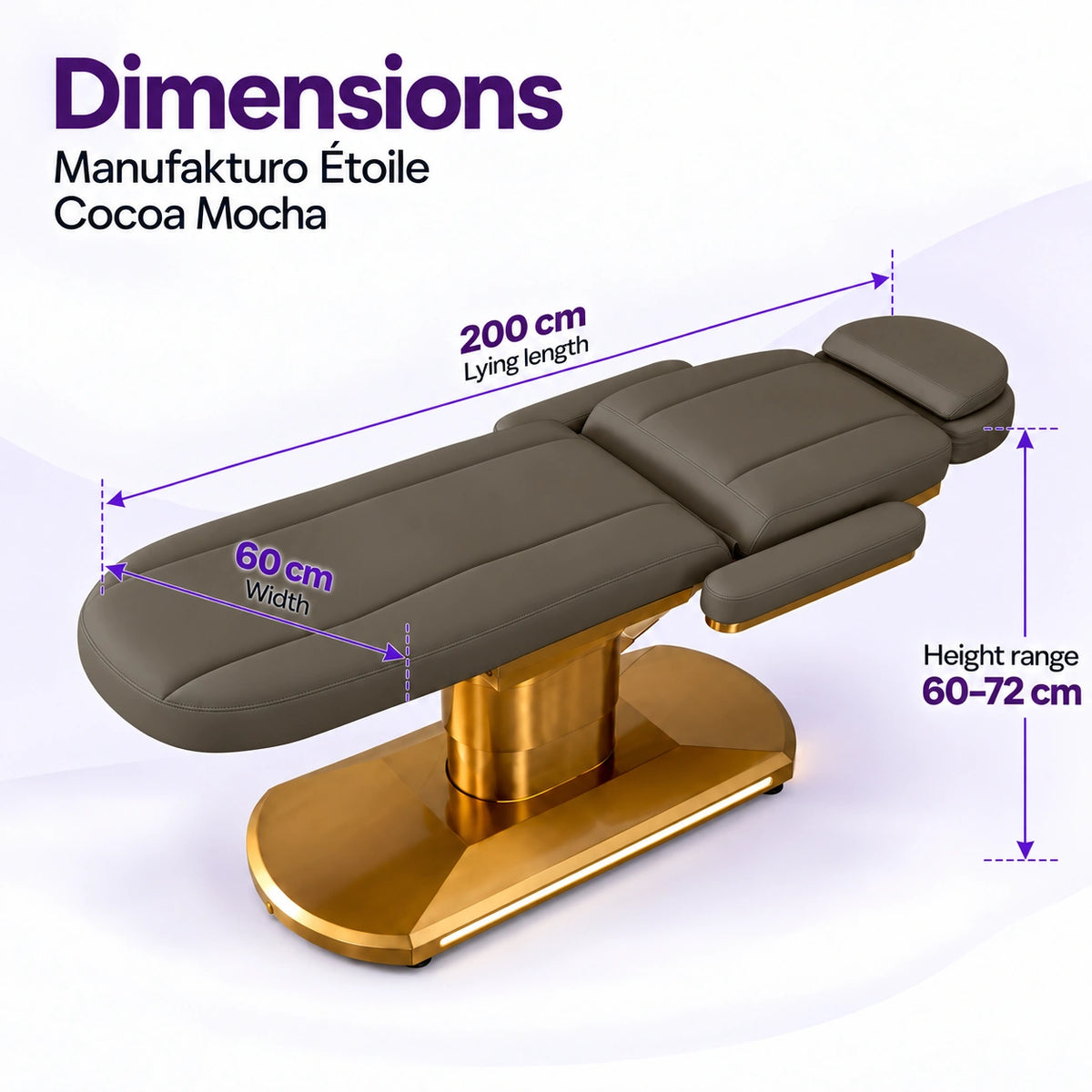 Manufakturo Étoile Cocoa Mocha beauty bed dimensions on one full product photograph: 200 cm lying length, 60 cm width and adjustable height 60–72 cm.
