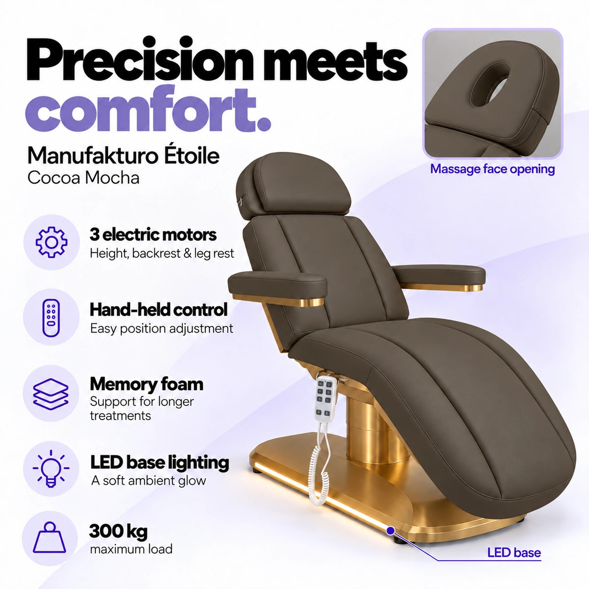 Manufakturo Étoile Cocoa Mocha beauty bed with three electric motors, hand-held control, memory foam, LED base lighting, massage face opening and 300 kg maximum load.