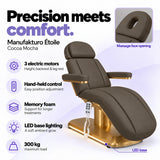 Manufakturo Étoile Cocoa Mocha beauty bed with three electric motors, hand-held control, memory foam, LED base lighting, massage face opening and 300 kg maximum load.