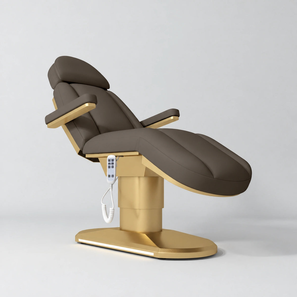 Manufakturo Étoile Cocoa Mocha electric beauty bed in the original catalogue composition and grey background, with updated eight-button hand-held controller.