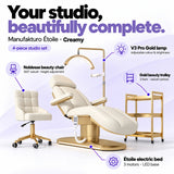 Manufakturo Étoile Creamy four-piece complete studio set: electric beauty bed with three motors and LED base, Noblesse swivel beauty chair, V3 Pro Gold adjustable treatment lamp and three-tier gold beauty trolley.