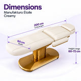 Manufakturo Étoile Creamy beauty bed dimensions on one full product photograph: 200 cm lying length, 60 cm width and adjustable height 60–72 cm.