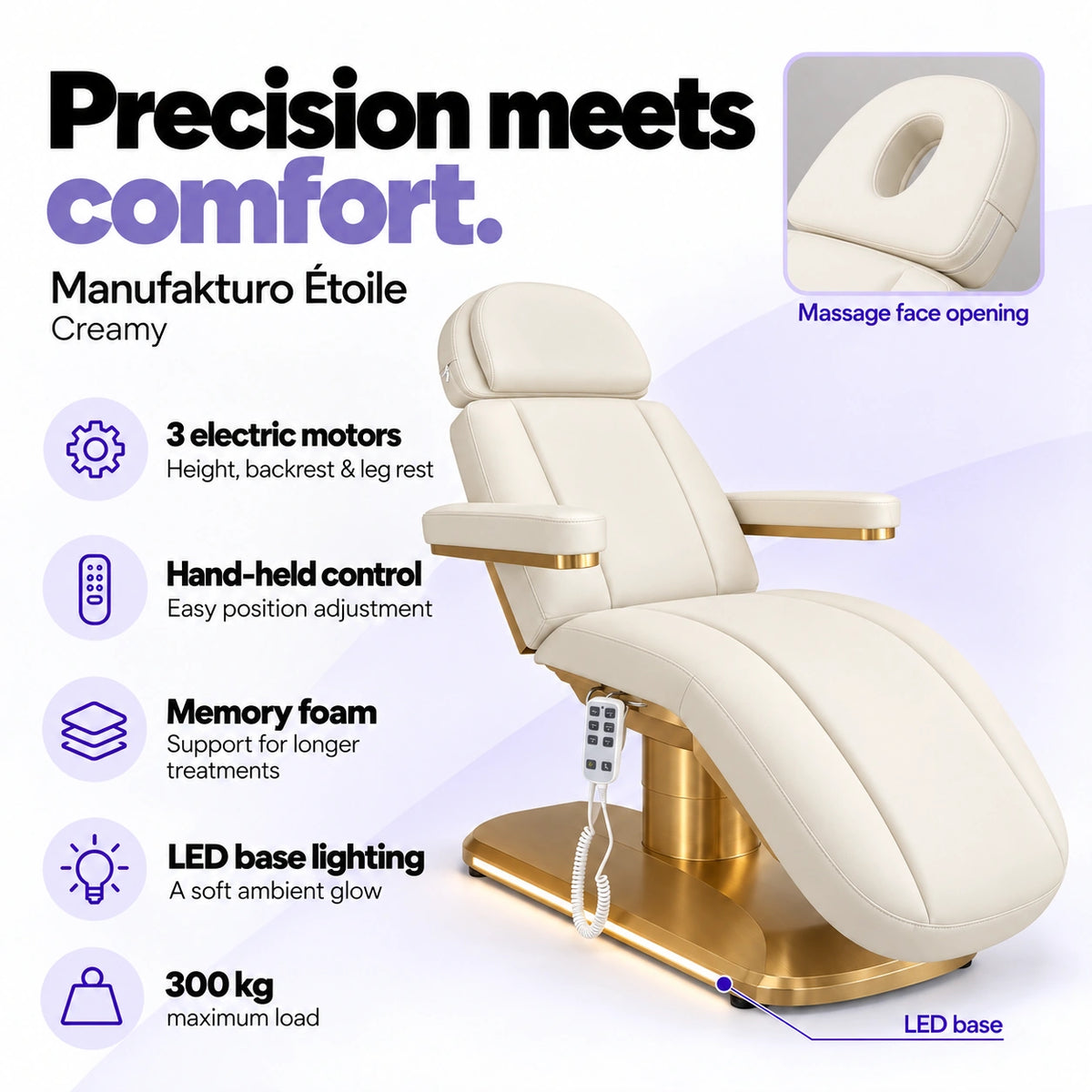 Manufakturo Étoile Creamy beauty bed with three electric motors, hand-held control, memory foam, LED base lighting, massage face opening and 300 kg maximum load.