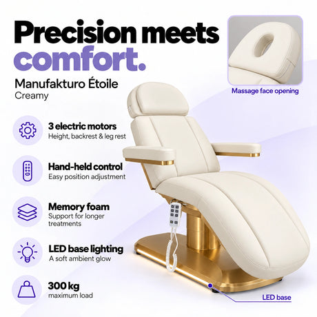 Manufakturo Étoile Creamy beauty bed with three electric motors, hand-held control, memory foam, LED base lighting, massage face opening and 300 kg maximum load.