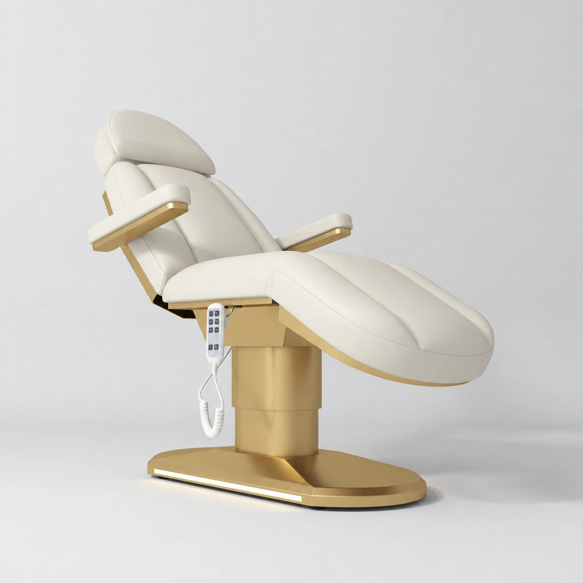 Manufakturo Étoile Creamy electric beauty bed in the original catalogue composition and grey background, with updated eight-button hand-held controller.