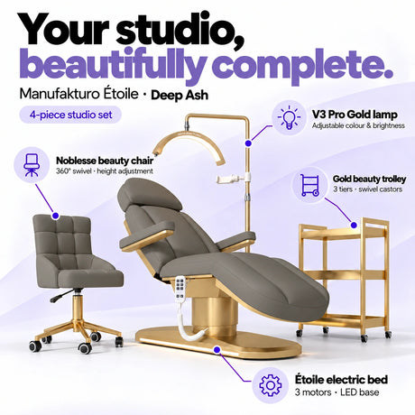 Manufakturo Étoile Deep Ash four-piece complete studio set: electric beauty bed with three motors and LED base, Noblesse swivel beauty chair, V3 Pro Gold adjustable treatment lamp and three-tier gold beauty trolley.