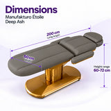 Manufakturo Étoile Deep Ash beauty bed dimensions on one full product photograph: 200 cm lying length, 60 cm width and adjustable height 60–72 cm.
