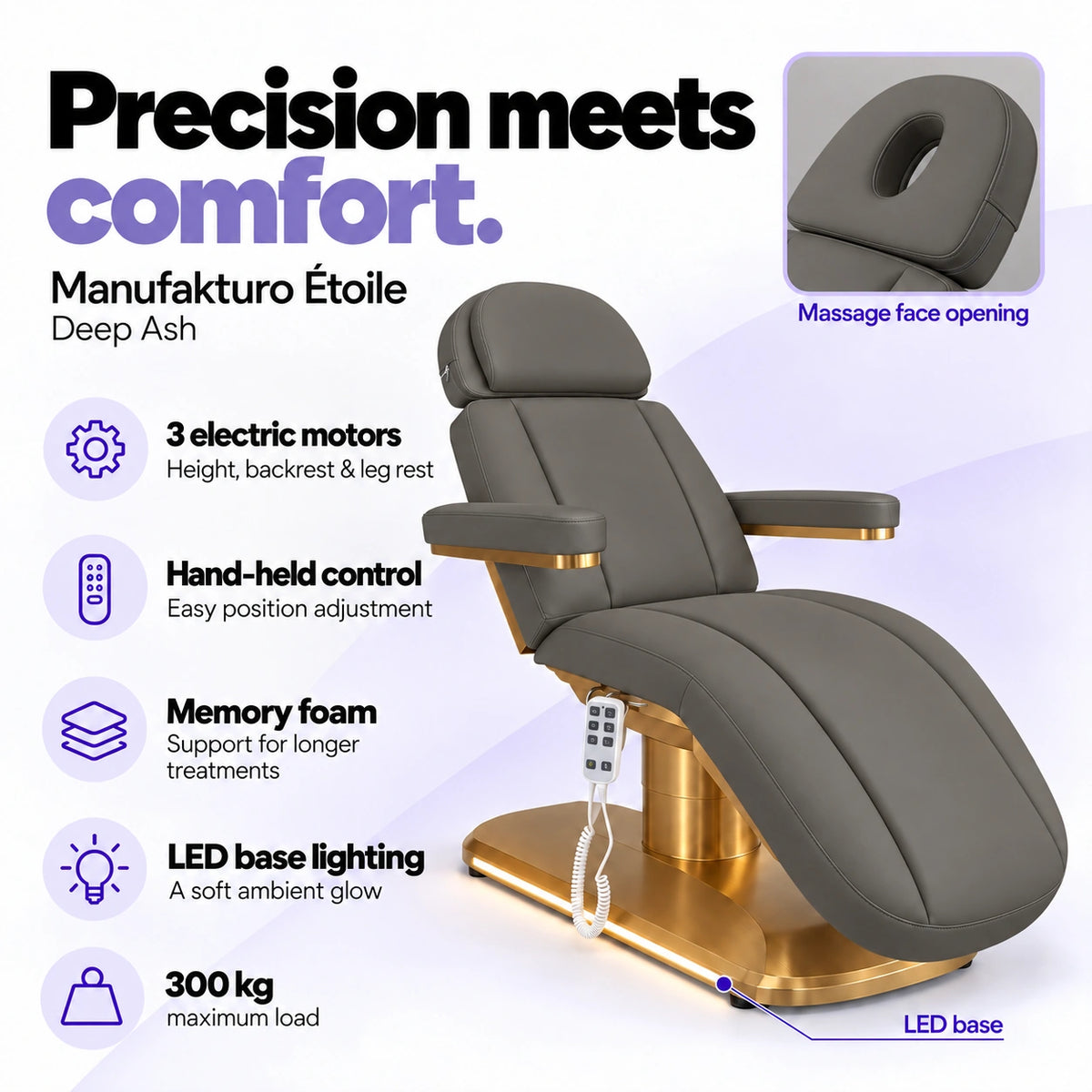 Manufakturo Étoile Deep Ash beauty bed with three electric motors, hand-held control, memory foam, LED base lighting, massage face opening and 300 kg maximum load.