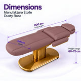 Manufakturo Étoile Dusty Rose beauty bed dimensions on one full product photograph: 200 cm lying length, 60 cm width and adjustable height 60–72 cm.