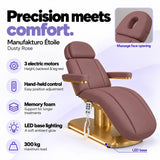 Manufakturo Étoile Dusty Rose beauty bed with three electric motors, hand-held control, memory foam, LED base lighting, massage face opening and 300 kg maximum load.