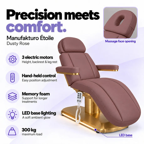 Manufakturo Étoile Dusty Rose beauty bed with three electric motors, hand-held control, memory foam, LED base lighting, massage face opening and 300 kg maximum load.