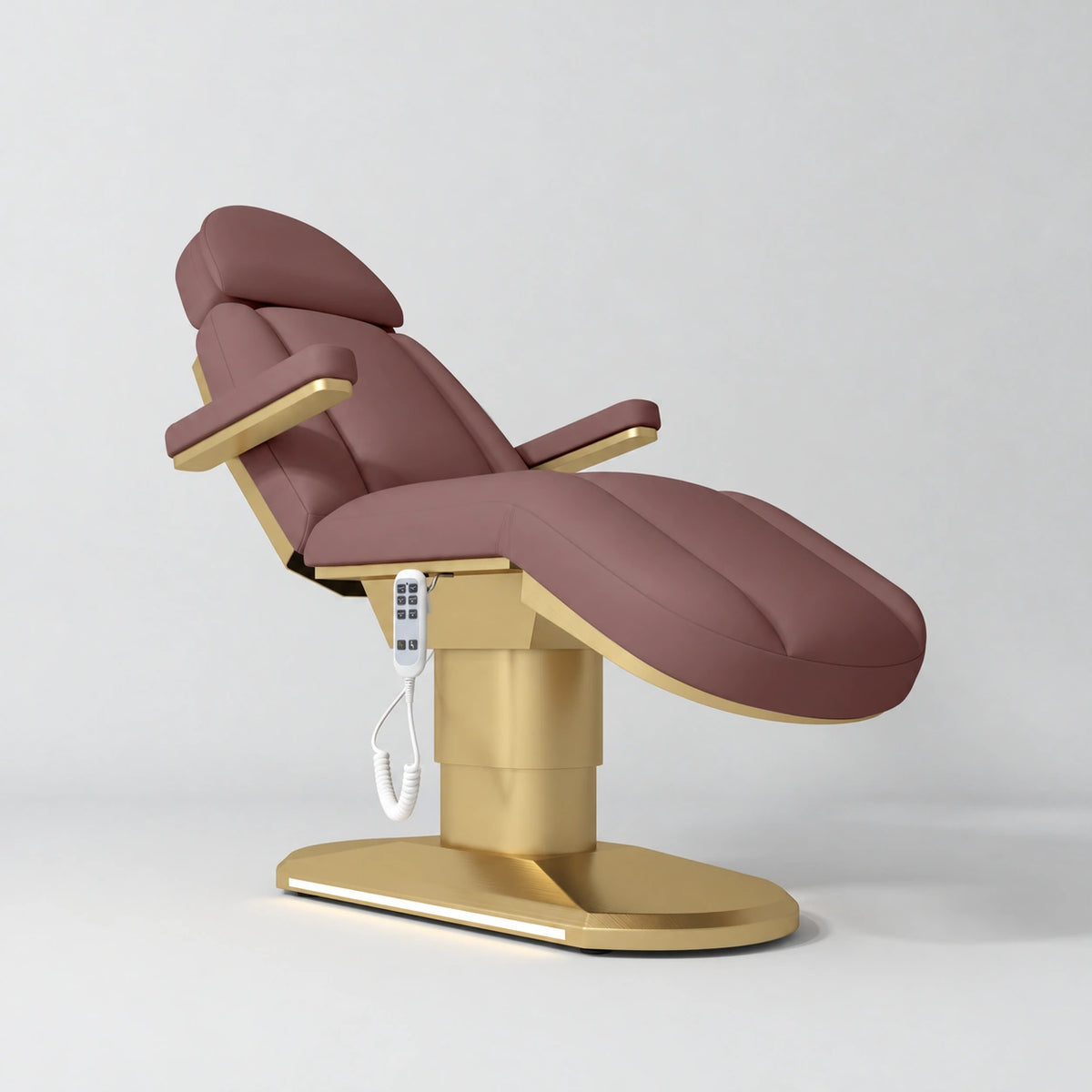 Manufakturo Étoile Dusty Rose electric beauty bed in the original catalogue composition and grey background, with updated eight-button hand-held controller.