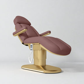 Manufakturo Étoile Dusty Rose electric beauty bed in the original catalogue composition and grey background, with updated eight-button hand-held controller.