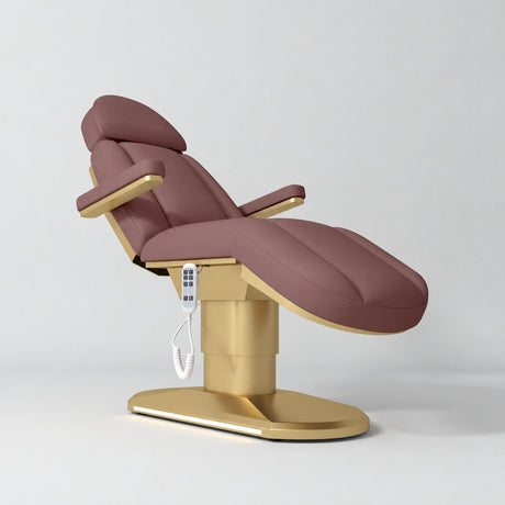 Manufakturo Étoile Dusty Rose electric beauty bed in the original catalogue composition and grey background, with updated eight-button hand-held controller.