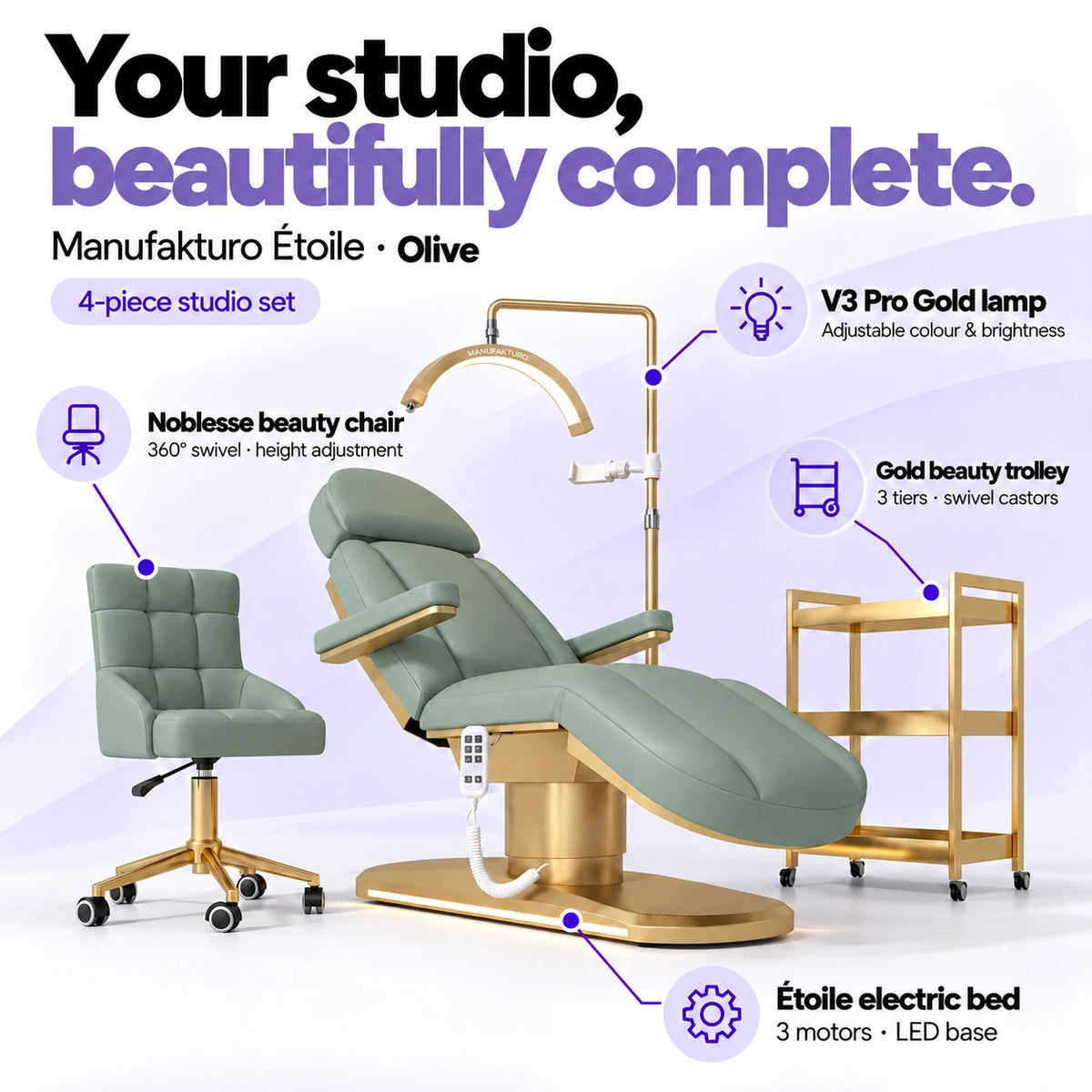 Manufakturo Étoile Olive four-piece complete studio set: electric beauty bed with three motors and LED base, Noblesse swivel beauty chair, V3 Pro Gold adjustable treatment lamp and three-tier gold beauty trolley.