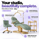 Manufakturo Étoile Olive four-piece complete studio set: electric beauty bed with three motors and LED base, Noblesse swivel beauty chair, V3 Pro Gold adjustable treatment lamp and three-tier gold beauty trolley.