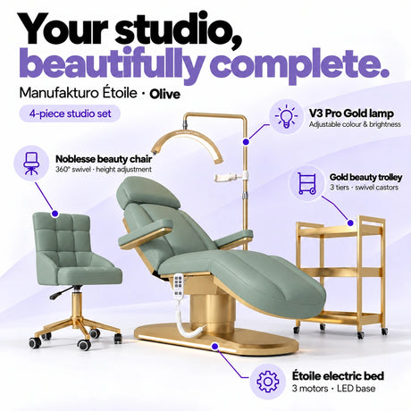 Manufakturo Étoile Olive four-piece complete studio set: electric beauty bed with three motors and LED base, Noblesse swivel beauty chair, V3 Pro Gold adjustable treatment lamp and three-tier gold beauty trolley.