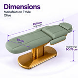 Manufakturo Étoile Olive beauty bed dimensions on one full product photograph: 200 cm lying length, 60 cm width and adjustable height 60–72 cm.