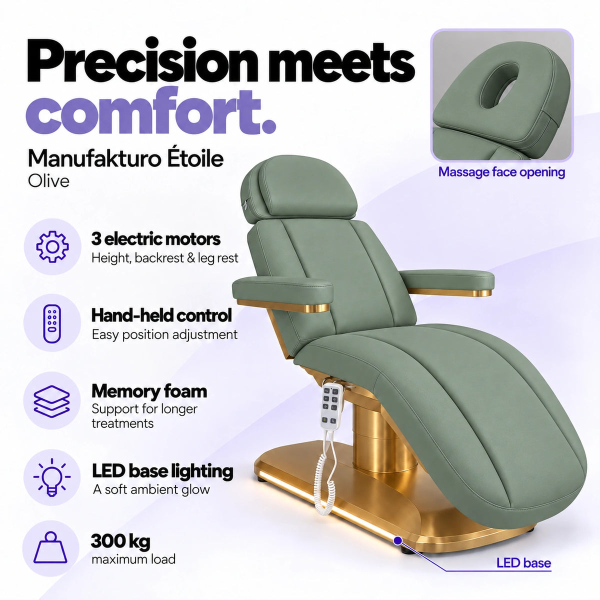 Manufakturo Étoile Olive beauty bed with three electric motors, hand-held control, memory foam, LED base lighting, massage face opening and 300 kg maximum load.