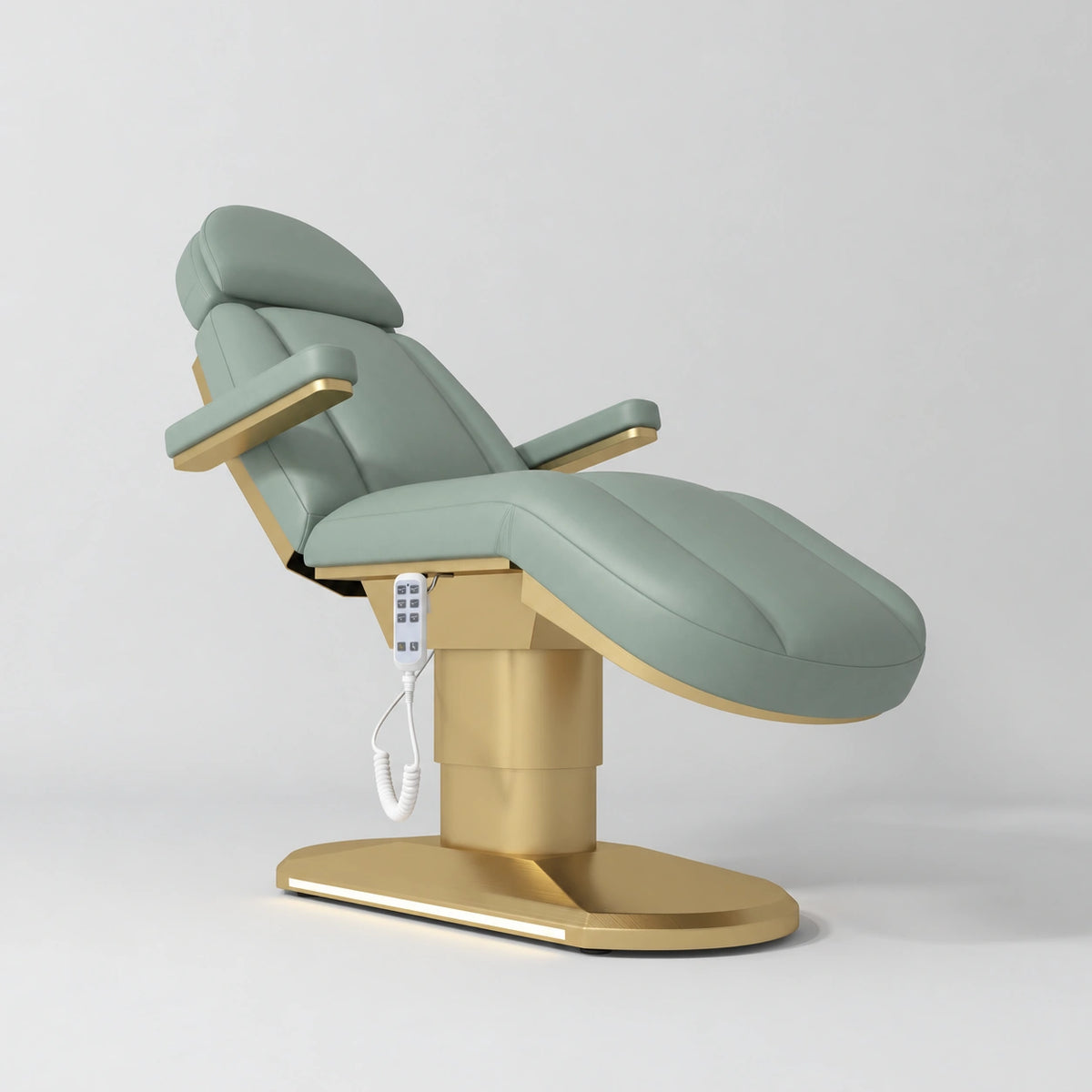 Manufakturo Étoile Olive electric beauty bed in the original catalogue composition and grey background, with updated eight-button hand-held controller.