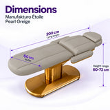 Manufakturo Étoile Pearl Greige beauty bed dimensions on one full product photograph: 200 cm lying length, 60 cm width and adjustable height 60–72 cm.