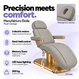 Manufakturo Étoile Pearl Greige beauty bed with three electric motors, hand-held control, memory foam, LED base lighting, massage face opening and 300 kg maximum load.