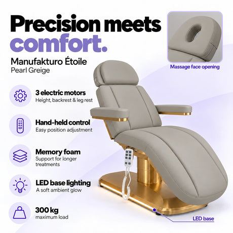 Manufakturo Étoile Pearl Greige beauty bed with three electric motors, hand-held control, memory foam, LED base lighting, massage face opening and 300 kg maximum load.