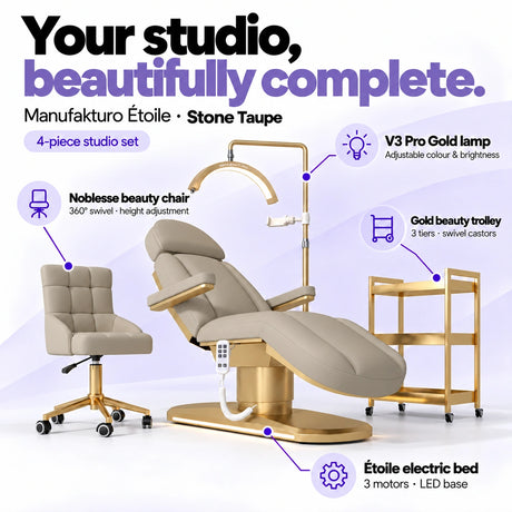 Manufakturo Étoile Stone Taupe four-piece complete studio set: electric beauty bed with three motors and LED base, Noblesse swivel beauty chair, V3 Pro Gold adjustable treatment lamp and three-tier gold beauty trolley.