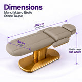 Manufakturo Étoile Stone Taupe beauty bed dimensions on one full product photograph: 200 cm lying length, 60 cm width and adjustable height 60–72 cm.