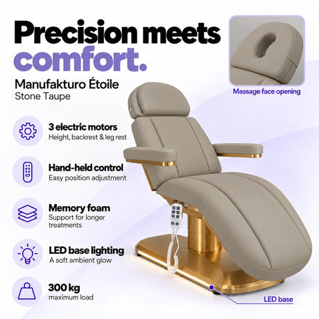 Manufakturo Étoile Stone Taupe beauty bed with three electric motors, hand-held control, memory foam, LED base lighting, massage face opening and 300 kg maximum load.