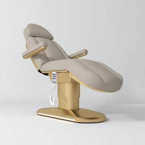 Manufakturo Étoile Stone Taupe electric beauty bed in the original catalogue composition and grey background, with updated eight-button hand-held controller.
