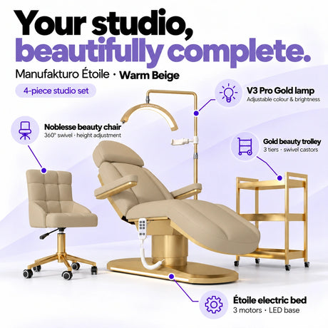 Manufakturo Étoile Warm Beige four-piece complete studio set: electric beauty bed with three motors and LED base, Noblesse swivel beauty chair, V3 Pro Gold adjustable treatment lamp and three-tier gold beauty trolley.