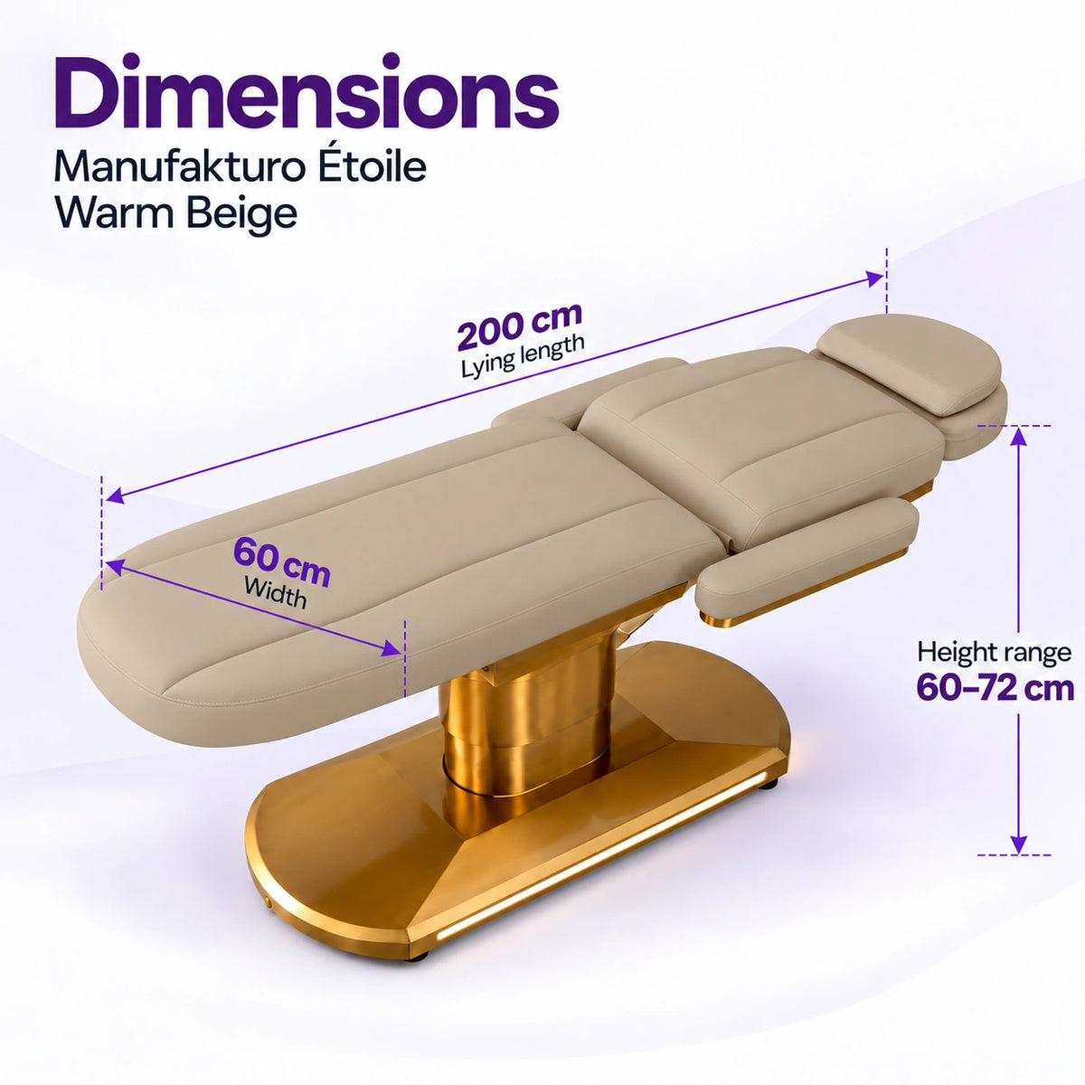 Manufakturo Étoile Warm Beige beauty bed dimensions on one full product photograph: 200 cm lying length, 60 cm width and adjustable height 60–72 cm.