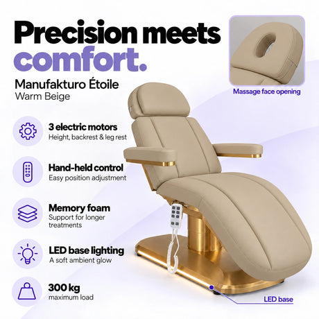 Manufakturo Étoile Warm Beige beauty bed with three electric motors, hand-held control, memory foam, LED base lighting, massage face opening and 300 kg maximum load.