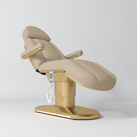 Manufakturo Étoile Warm Beige electric beauty bed in the original catalogue composition and grey background, with updated eight-button hand-held controller.