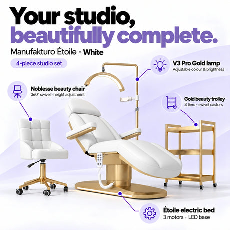 Manufakturo Étoile White four-piece complete studio set: electric beauty bed with three motors and LED base, Noblesse swivel beauty chair, V3 Pro Gold adjustable treatment lamp and three-tier gold beauty trolley.