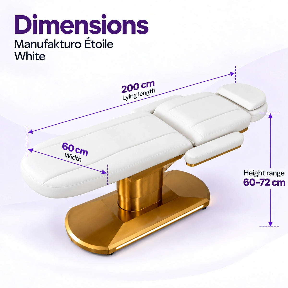 Manufakturo Étoile White beauty bed dimensions on one full product photograph: 200 cm lying length, 60 cm width and adjustable height 60–72 cm.