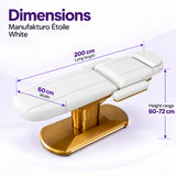 Manufakturo Étoile White beauty bed dimensions on one full product photograph: 200 cm lying length, 60 cm width and adjustable height 60–72 cm.