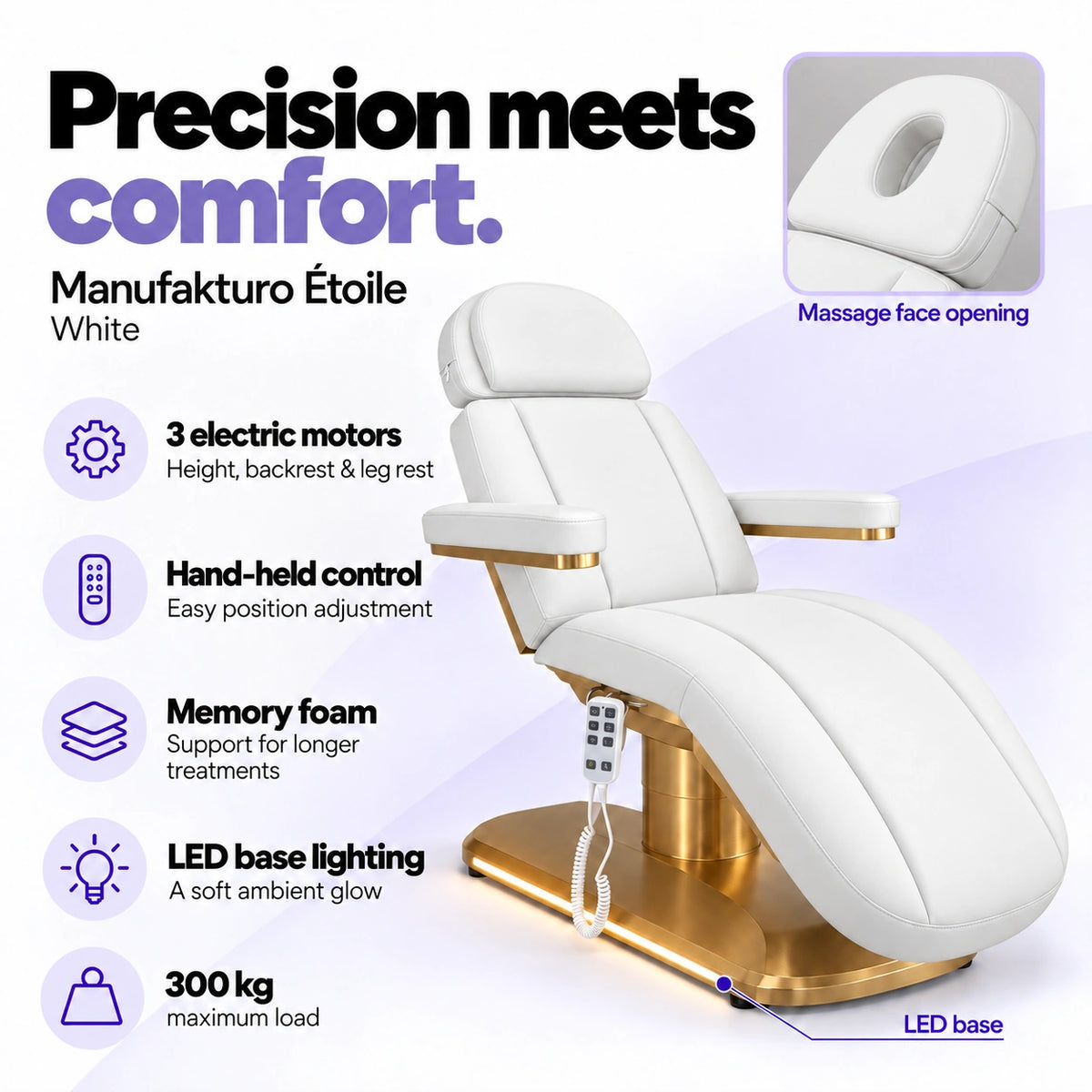 Manufakturo Étoile White beauty bed with three electric motors, hand-held control, memory foam, LED base lighting, massage face opening and 300 kg maximum load.