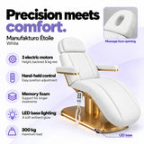 Manufakturo Étoile White beauty bed with three electric motors, hand-held control, memory foam, LED base lighting, massage face opening and 300 kg maximum load.