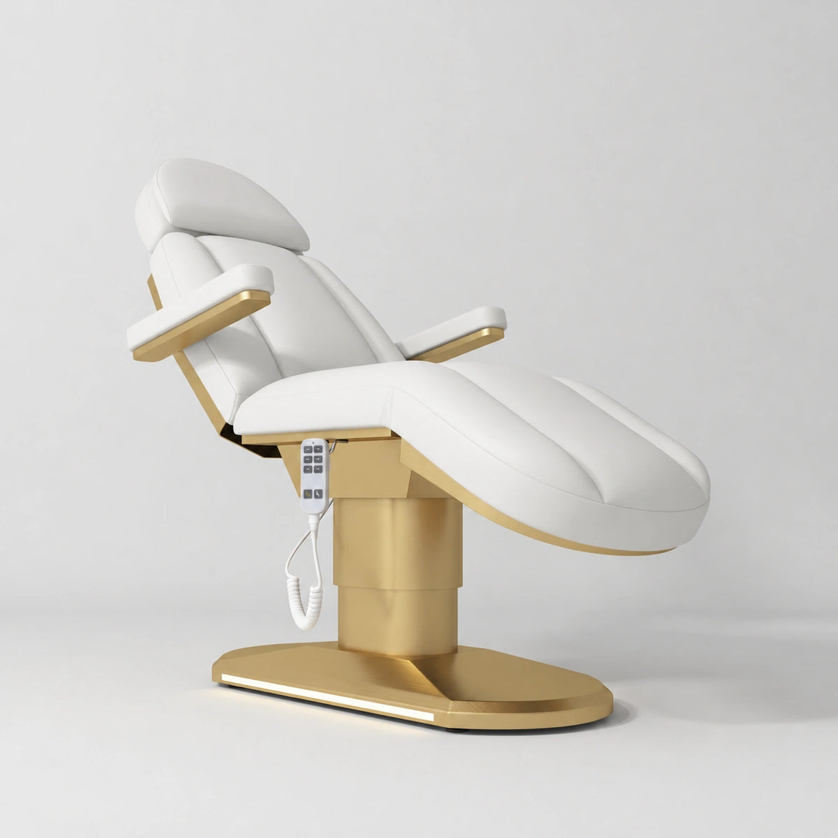 Manufakturo Étoile White electric beauty bed in the original catalogue composition and grey background, with updated eight-button hand-held controller.