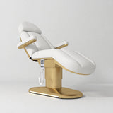 Manufakturo Étoile White electric beauty bed in the original catalogue composition and grey background, with updated eight-button hand-held controller.