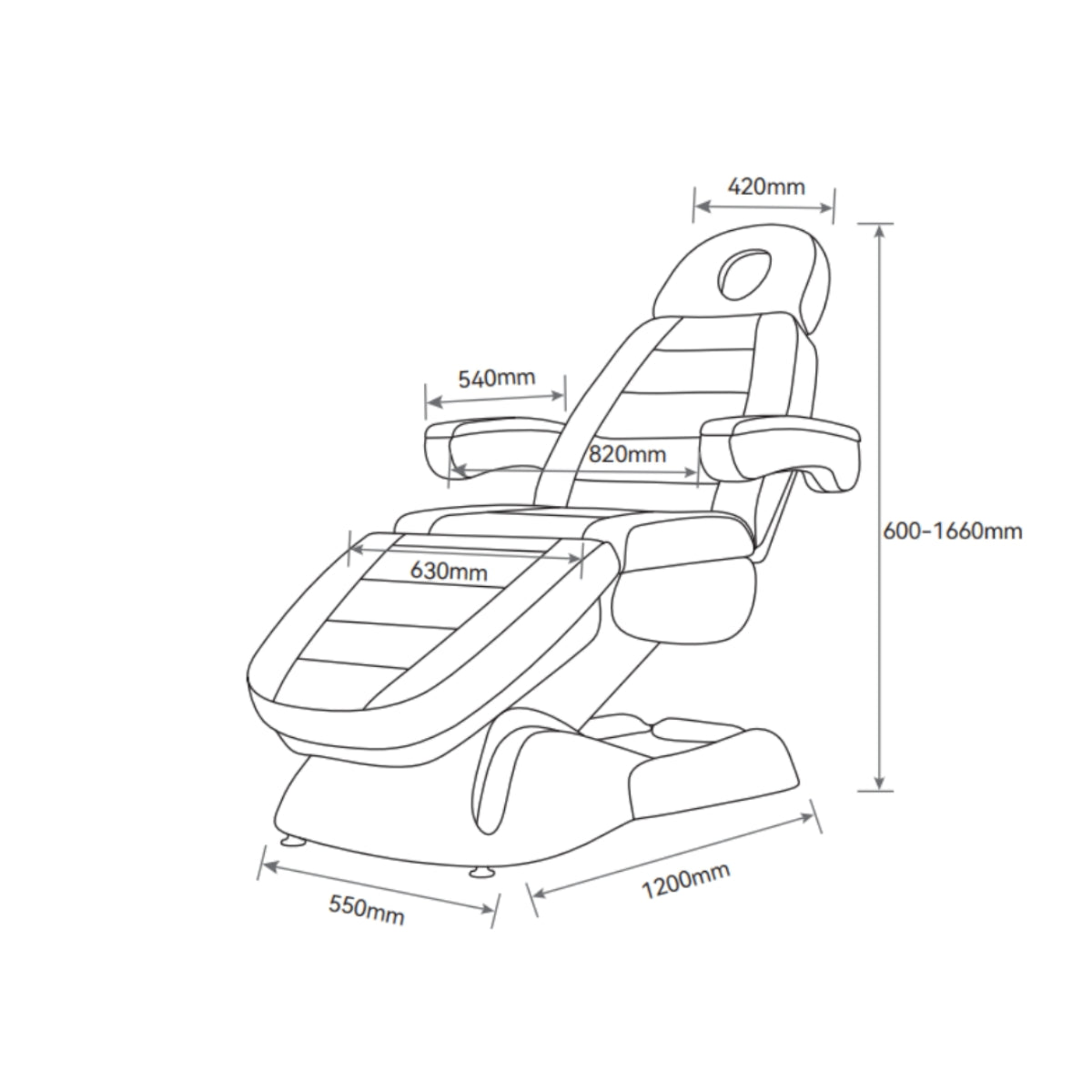 Manufakturo Grace Bare Blush The Complete Salon Set - Beauty Bed, Chair, Moonlight & Trolley - dimensions and measurements shown