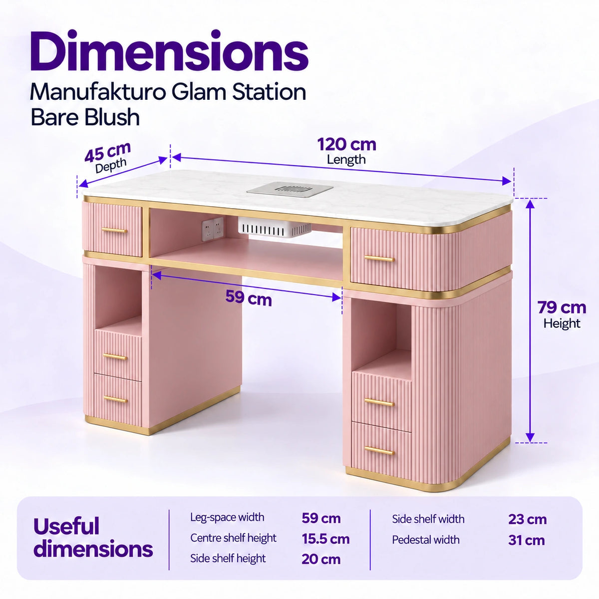 Manufakturo Glam Station Bare Blush manicure desk dimensions: 120 cm length, 45 cm depth and 79 cm height, with shelf and leg-space measurements.
